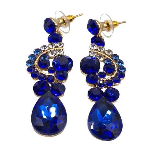 Pierced Earrings Royal Blue Dangle Clear Rhinestones Elegant Gift SKU2154 - Picture 1 of 5